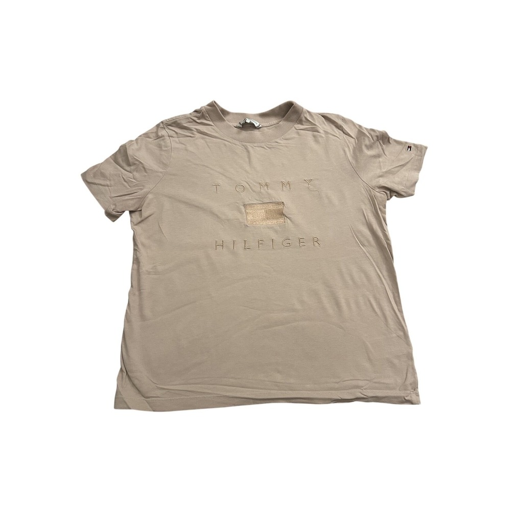 Tommy Hilfiger‎ T-Shirt Womens Large Tan Excellent Embroidered Logo Crew Neck
